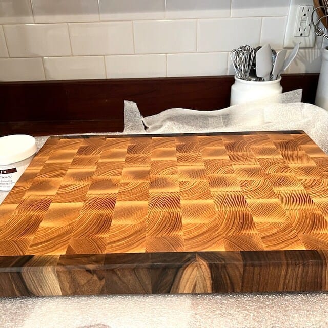 Customer photo review of Personalized Double-sided Walnut and Cherry End Grain Cutting Board