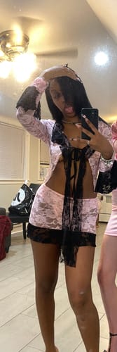 Customer photo review of Long flared sleeve contrast lace knotted mini skirt set