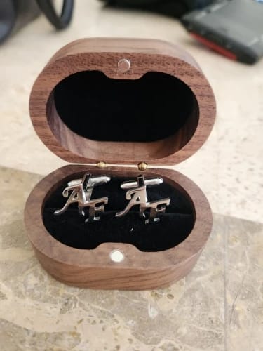 Customer photo review of Tangula High-end Wood Box Packaging Cufflinks Custom Name Initials Cufflink Personalize Letter Stainless Steel Buttons for Groom