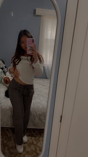 Customer photo review of Off shoulder "LUCKY" pattern long sleeve top - Final Sale