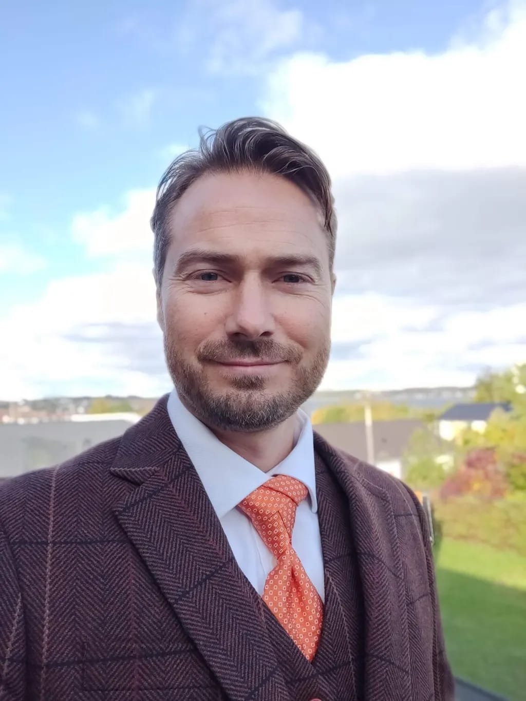 Customer photo review of Brown Overcheck Herringbone Tweed 3 Piece Suit