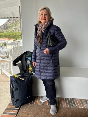 Customer photo review of Navy Duck Down Midi Puffer Coat
