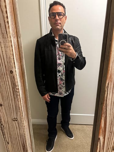 Customer photo review of Men's Skull Pink Flowers Button Up Short Sleeve Shirts