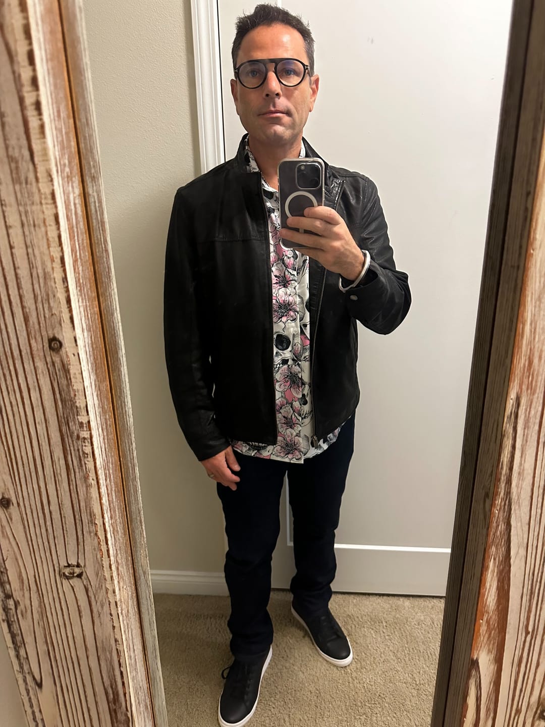 Customer photo review of Men's Skull Pink Flowers Button Up Short Sleeve Shirts