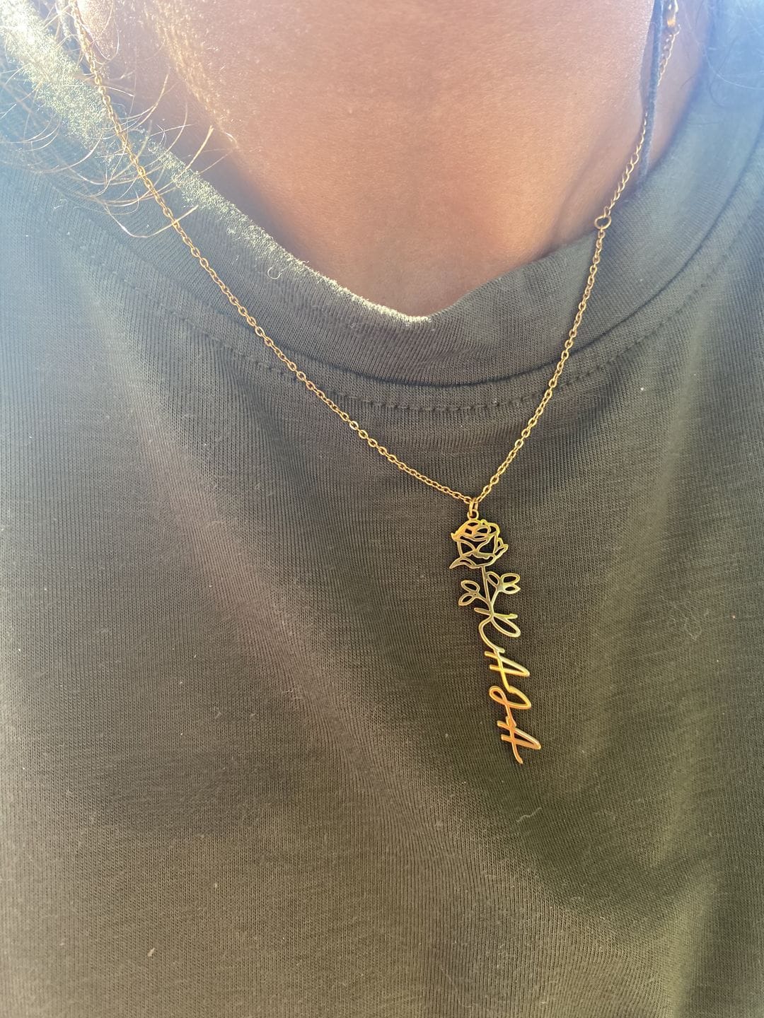 Customer photo review of Custom birth flower name necklace