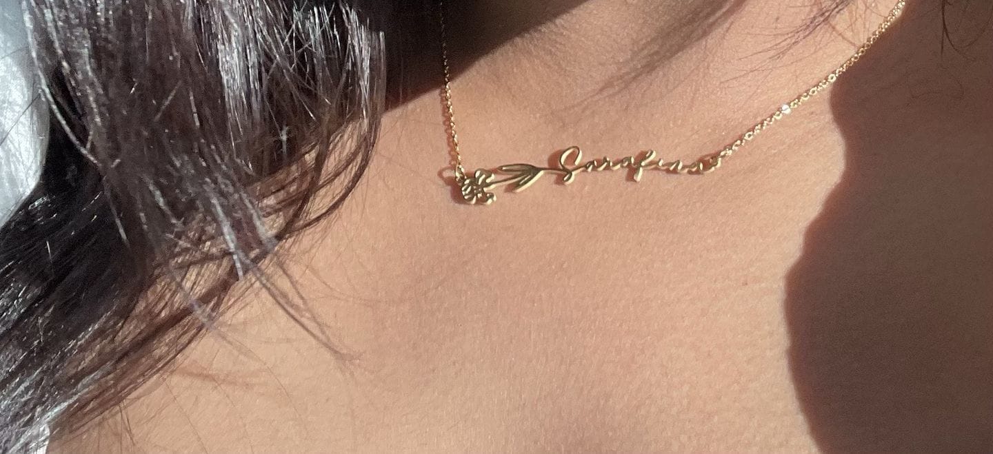 Customer photo review of Custom birth flower name necklace