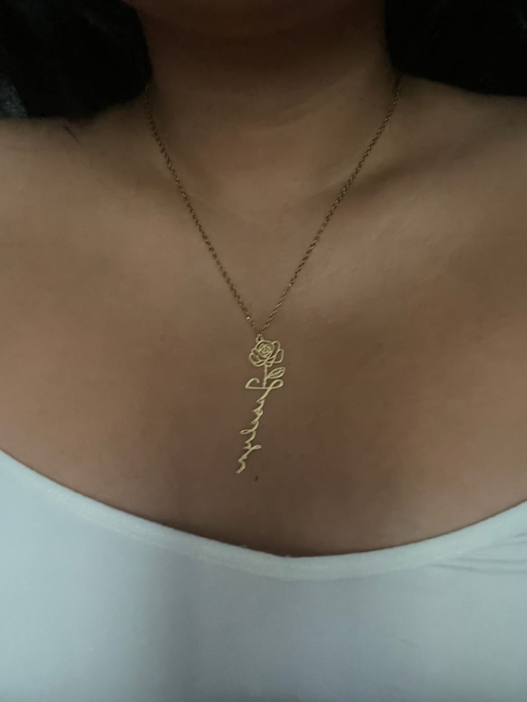Customer photo review of Custom birth flower name necklace