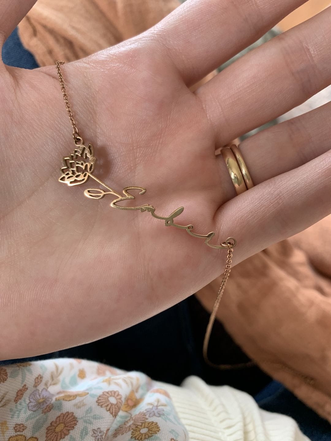 Customer photo review of Custom birth flower name necklace