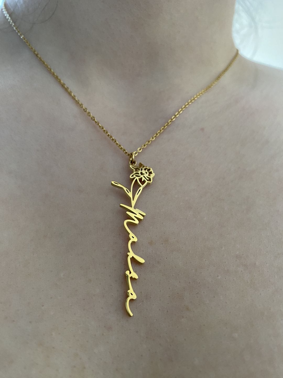 Customer photo review of Custom birth flower name necklace