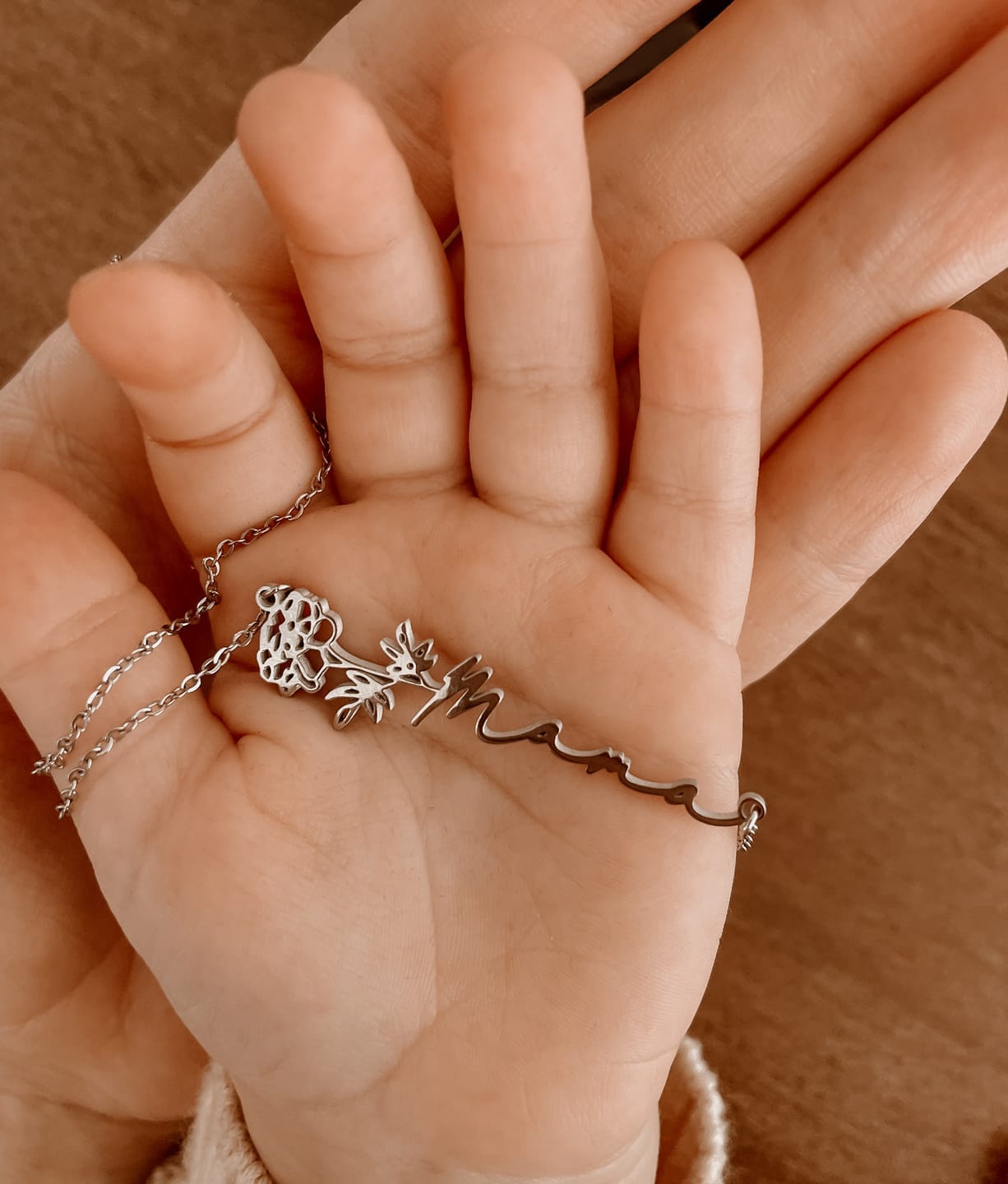Customer photo review of Custom birth flower name necklace