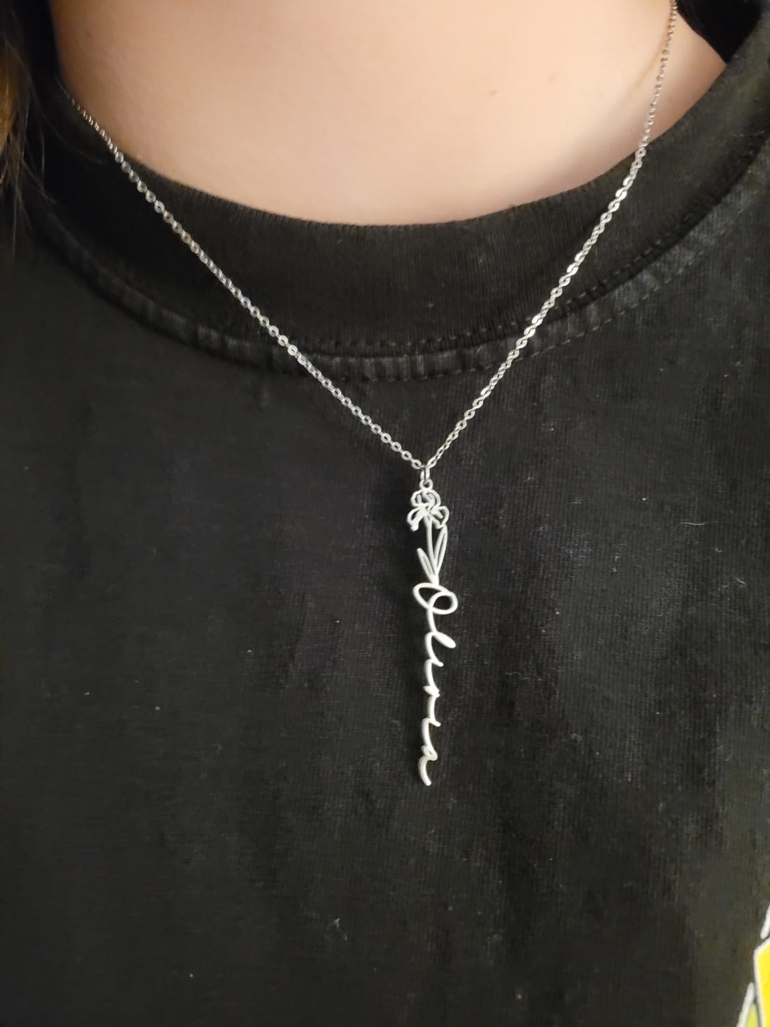Customer photo review of Custom birth flower name necklace