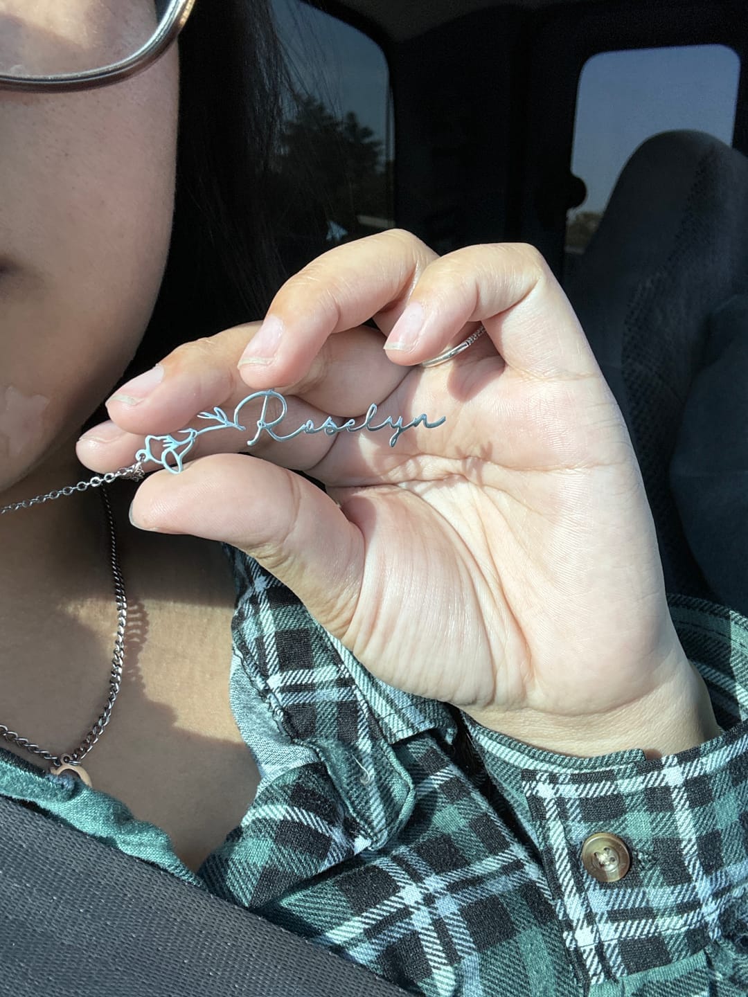 Customer photo review of Custom birth flower name necklace