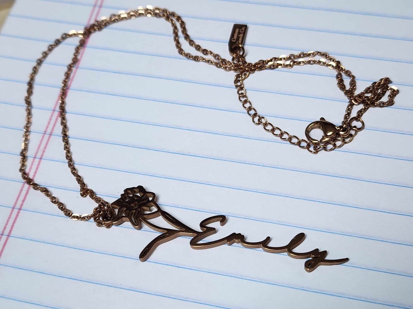 Customer photo review of Custom birth flower name necklace