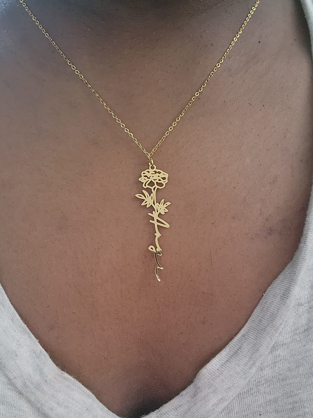Customer photo review of Custom birth flower name necklace