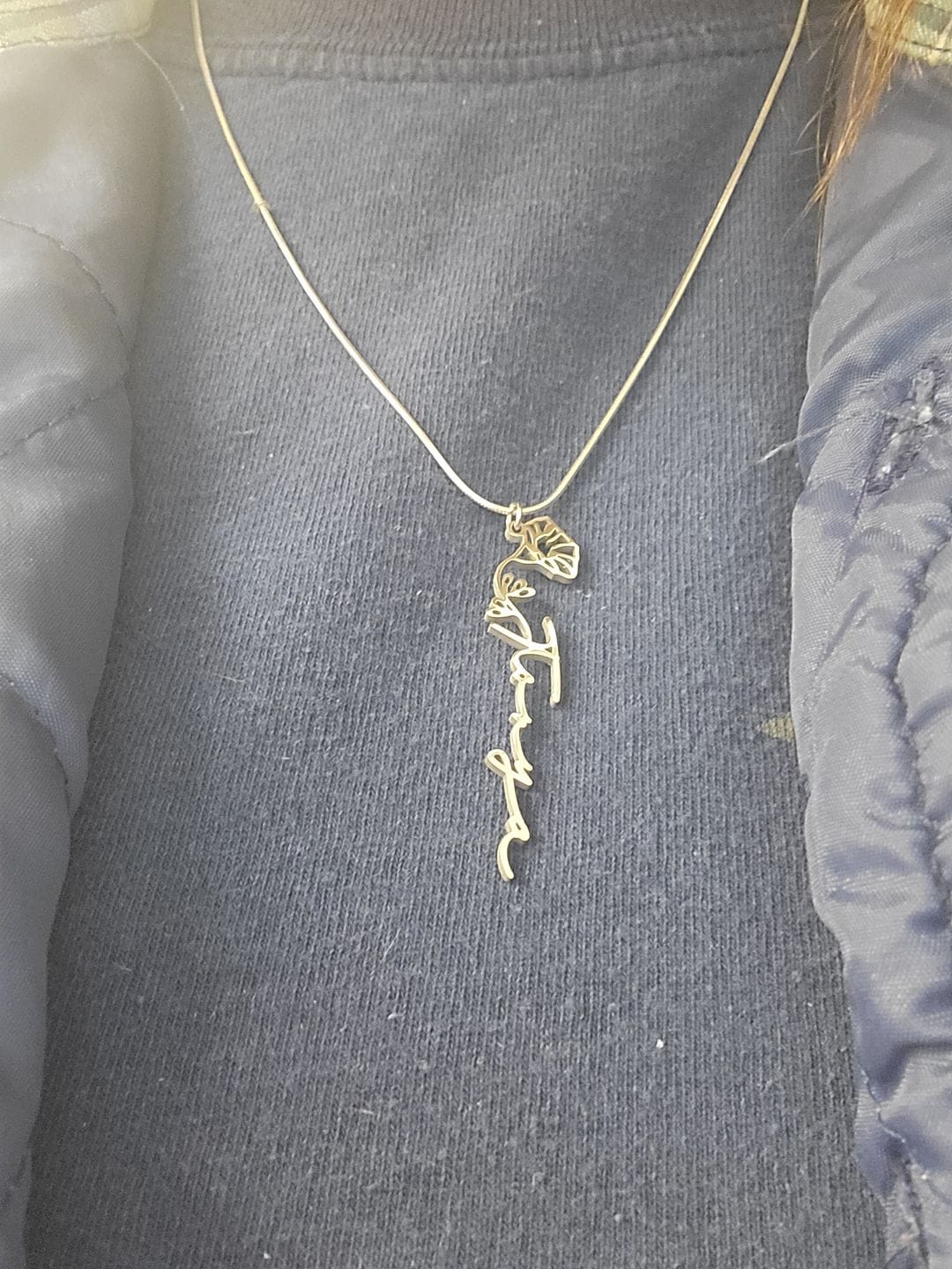 Customer photo review of Custom birth flower name necklace