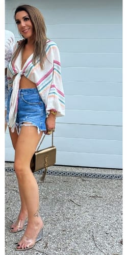 Customer photo review of Suzy Wedge Lucite & Gold Metallic Leather