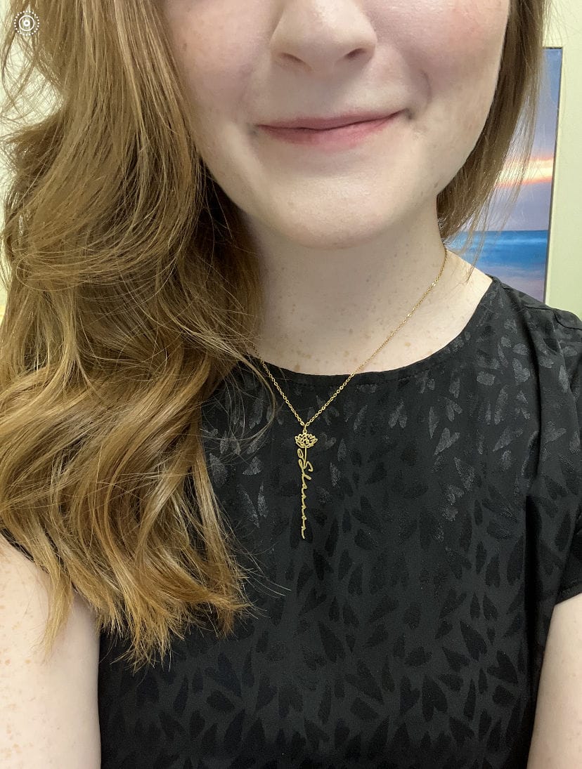 Customer photo review of Custom birth flower name necklace
