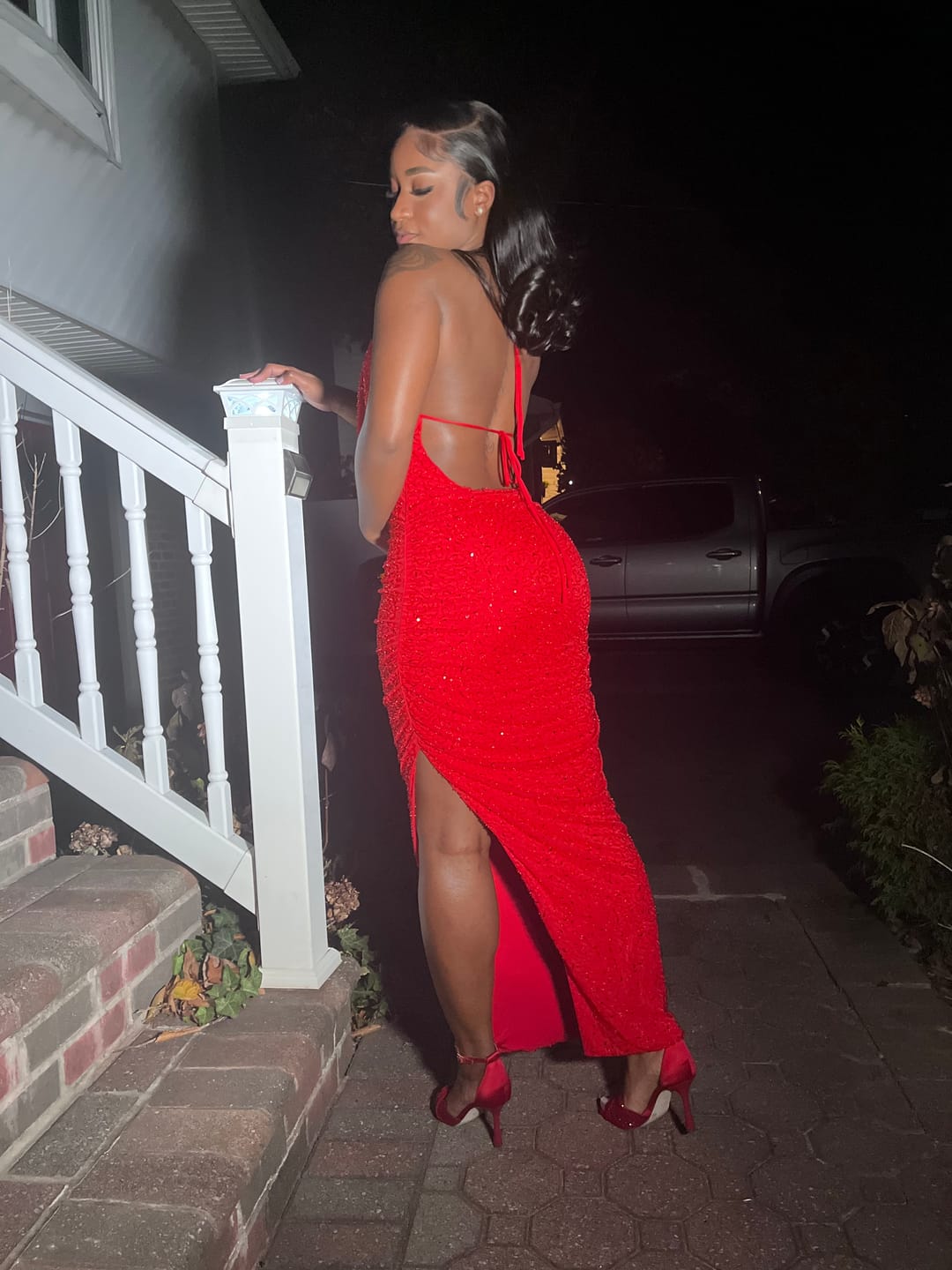 Customer photo review of Viva Rhinestone Beaded Halter Maxi Dress