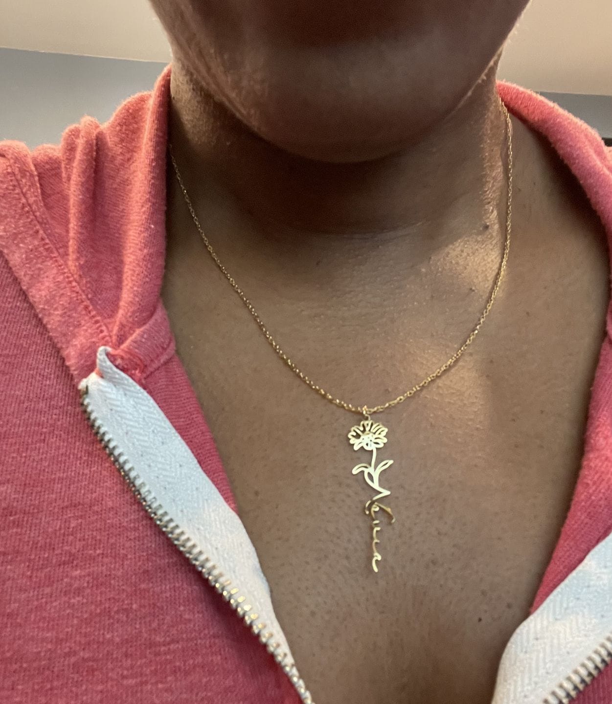 Customer photo review of Custom birth flower name necklace