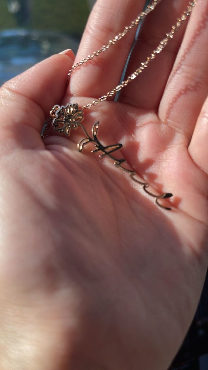 Customer photo review of Custom birth flower name necklace