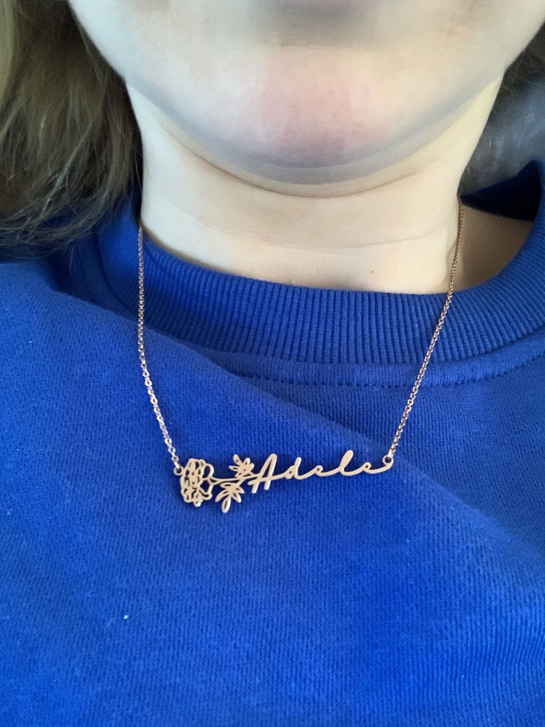 Customer photo review of Custom birth flower name necklace