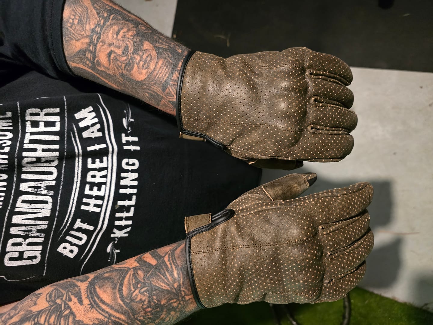 Customer photo review of Thumpa's | Short Cuff Summer Motorbike Gloves | Perforated Retro Brown Distressed Leather