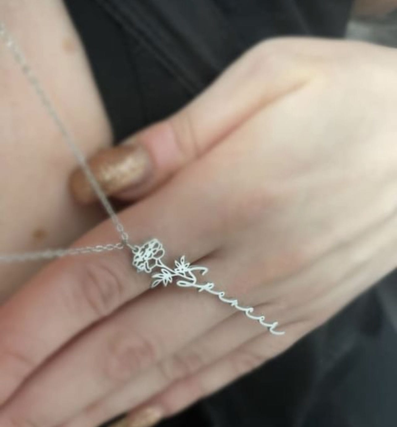 Customer photo review of Custom birth flower name necklace