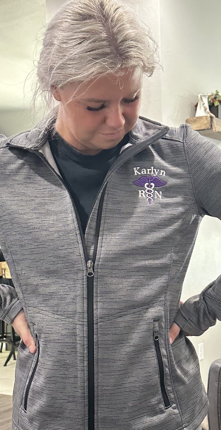Customer photo review of L231 Ladies Digi Stripe  Personalized Nurse Jacket
