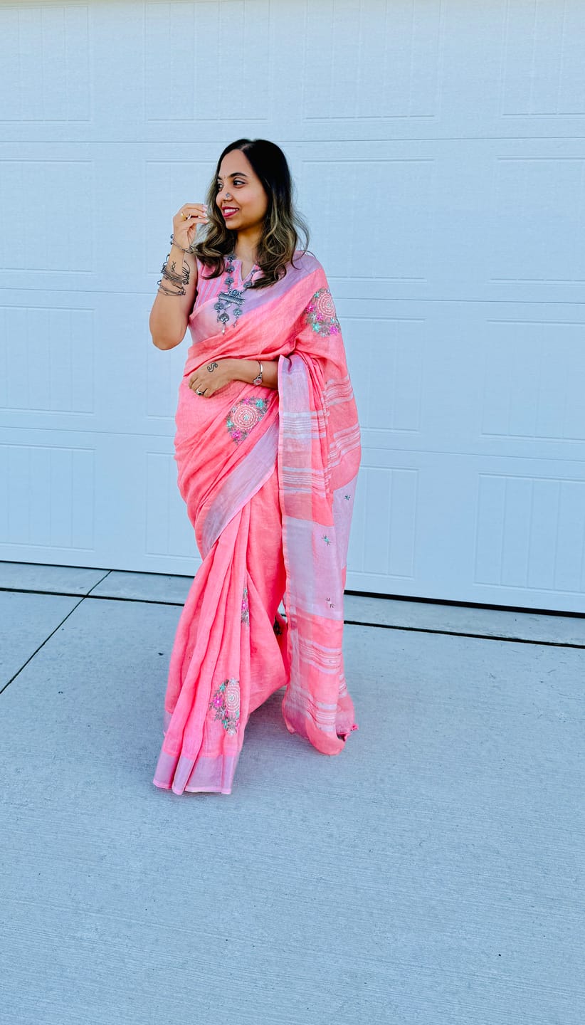 Customer photo review of Peach French Knot Embroidered Pure Linen Saree