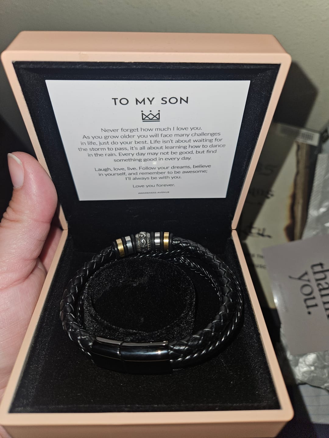 Customer photo review of To My Son | Love You Forever | Leather Braid Bracelet