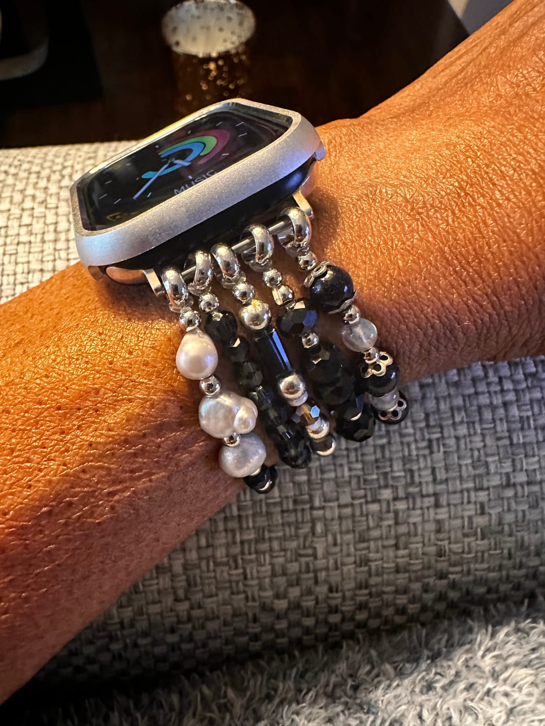 Customer photo review of Shimmering Pearl Stretch Apple Watch Strap