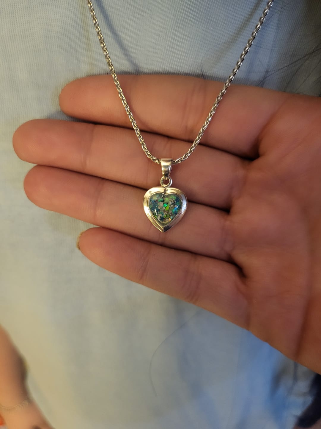 Customer photo review of Petite Bezelled Opal Heart