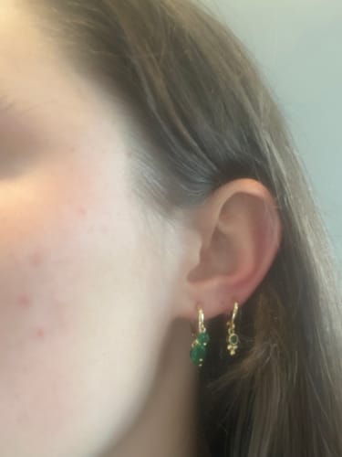 Customer photo review of Iris Green Gold Waterfall Droplet Huggie Earrings