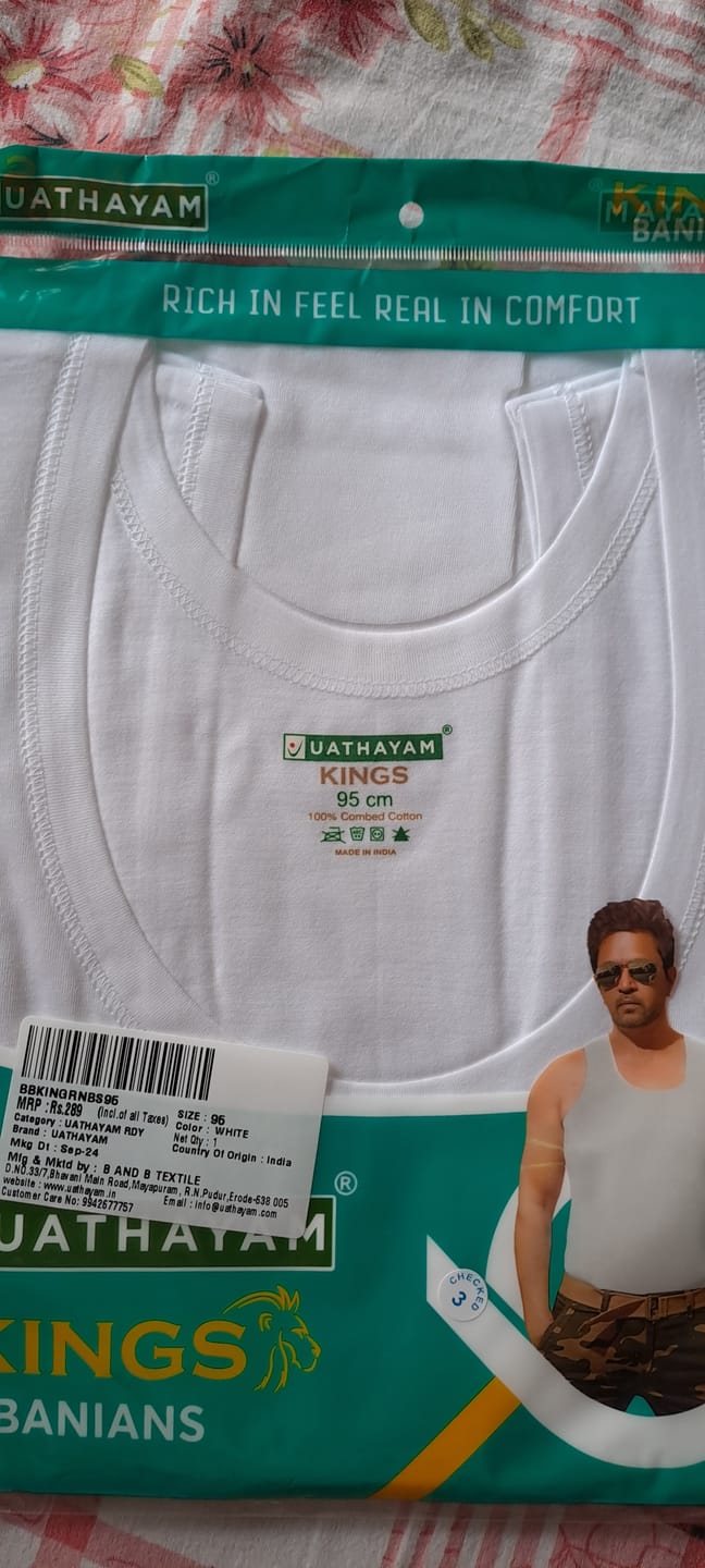 Customer photo review of Kings RNBS - 100% Cotton White Vest For Mens Combo (Pack of 2) | Uathayam