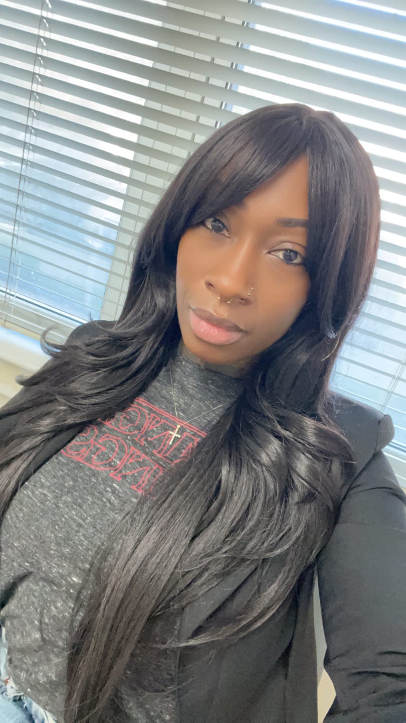 Customer photo review of Freetress Equal Synthetic Curtain Bang HD Lace Wig - BOMBSHELL