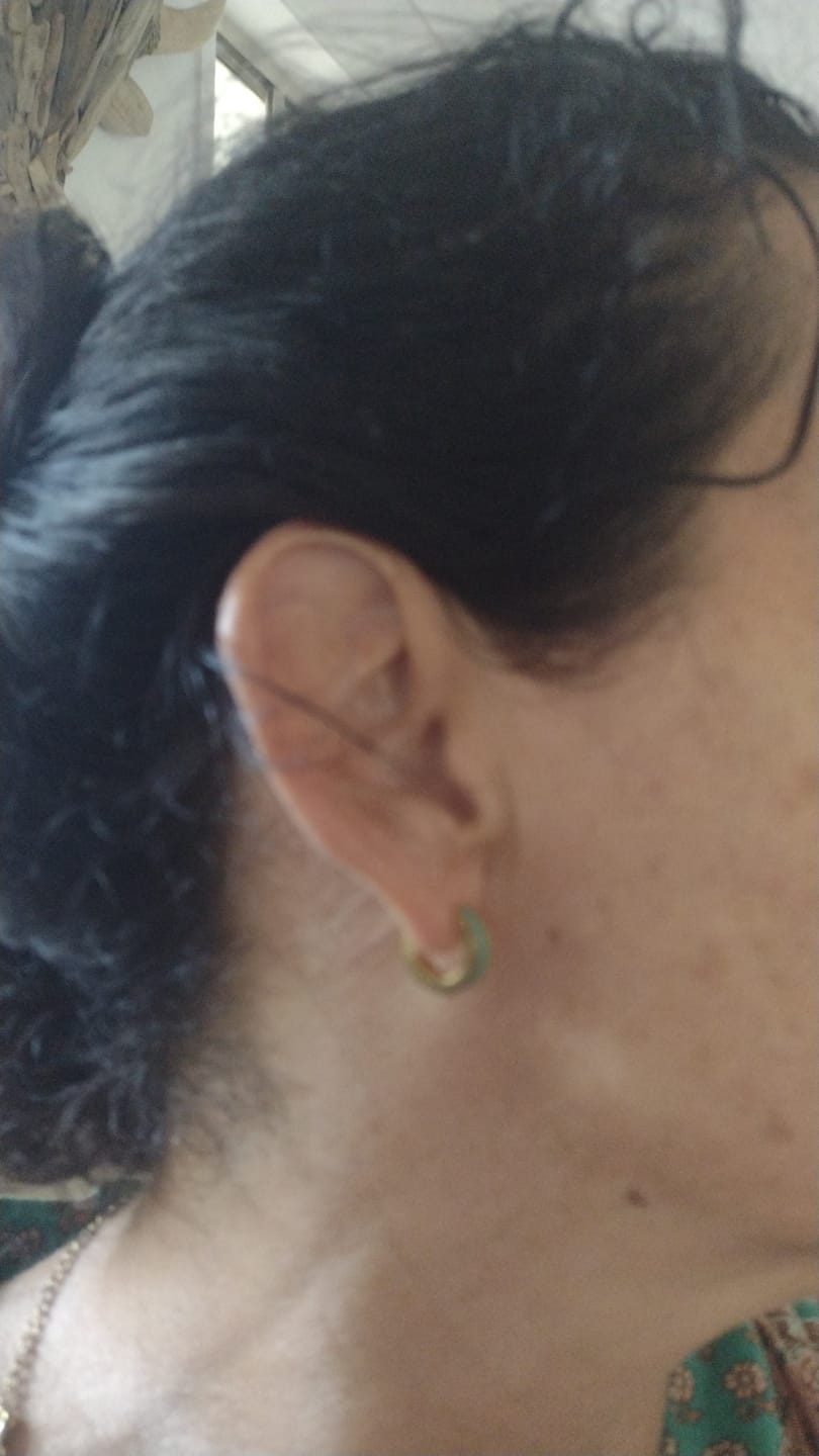 Customer photo review of Leigh Teal Hoop Earrings
