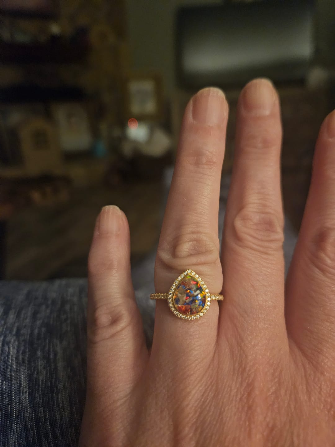 Customer photo review of Bedazzled Pear Opal Ring with Cremation Ashes