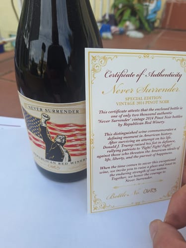 Customer photo review of 'Never Surrender' 2014 Vintage Pinot Noir