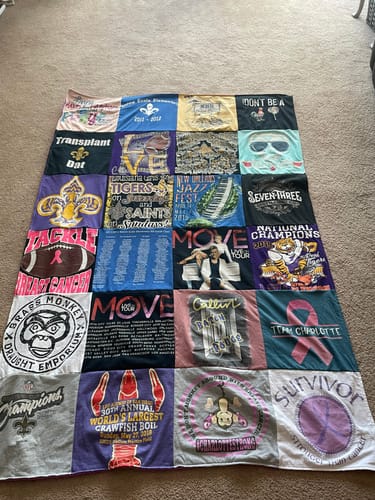 T-shirt quilt with cancer awareness, festivals themes by Charlotte from LA