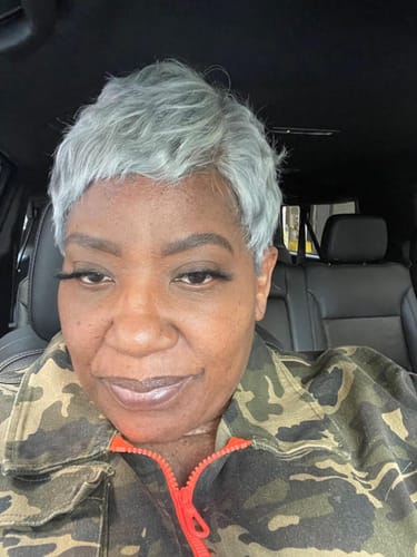 Customer photo review of Luvwin 95% Salt Wig With Transparent Green Pixie Cut Style Full Machine With Bangs