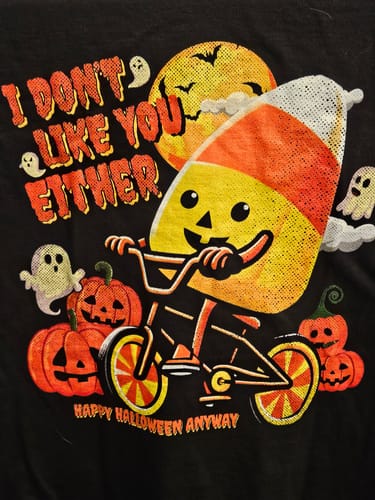 Customer photo review of I Don't Like You Either Cutie Candy Corn HalloweenT-Shirt