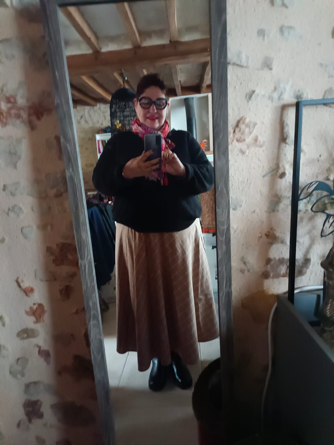 Customer photo review of Jupe portefeuille Marie tartan camel/bleu