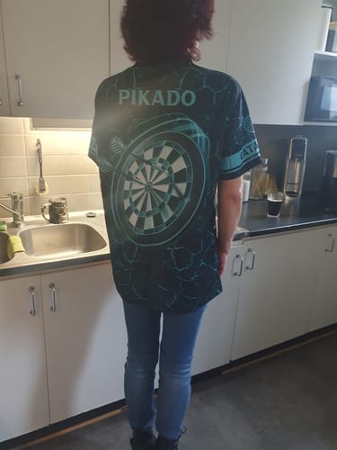 Customer photo review of Maxcorners Darts Skull Fire Flame Customized Name, Team Name 3D Polo Shirt