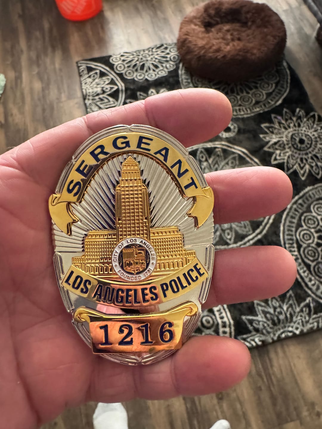 Customer photo review of LAPD Los Angeles Sergeant Police Badge Solid Copper Replica Movie Props With Number 1216