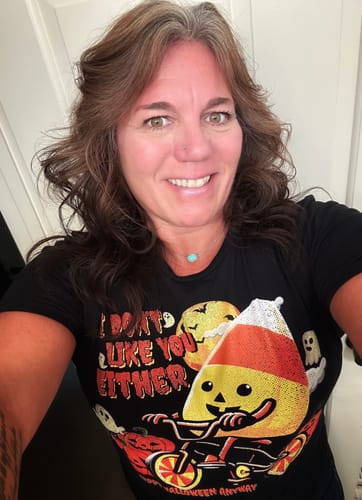 Customer photo review of I Don't Like You Either Cutie Candy Corn HalloweenT-Shirt
