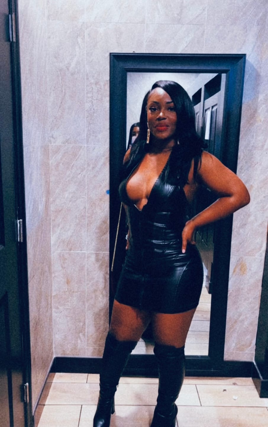 Customer photo review of To Be Mine Faux Leather Halter Dress