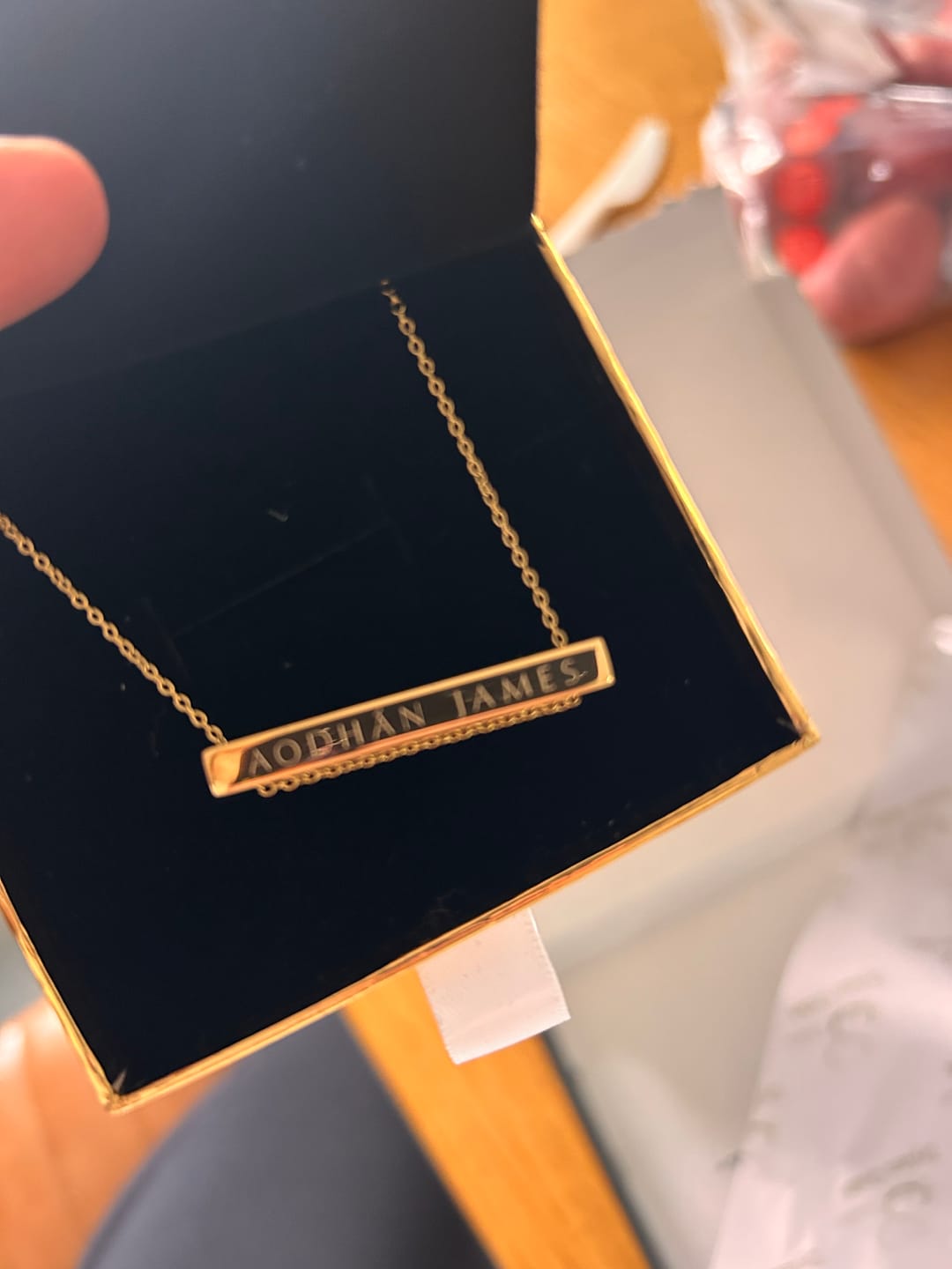 Customer photo review of 4cm Letter Bar Necklace in Gold Horizontal