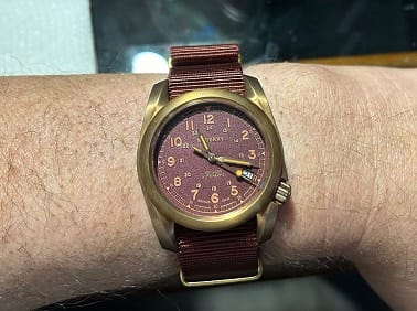 Customer photo review of VOYAGER - 100M Waterproof Bronze Automatic Field Watch | Red