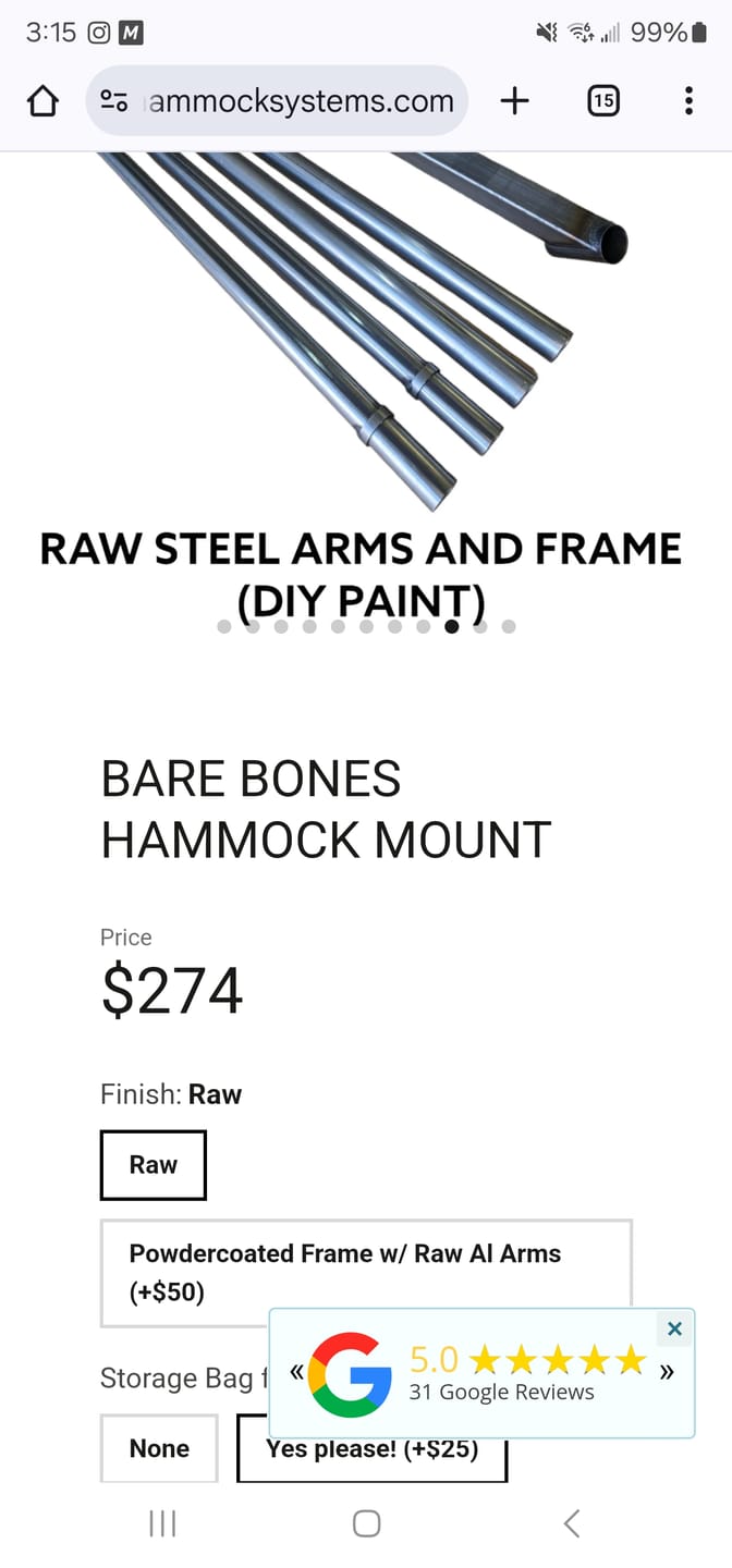 Customer photo review of Bare Bones XL Hammock Mount