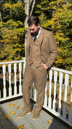 Customer photo review of Light Brown Herringbone Tweed 3 Piece Suit
